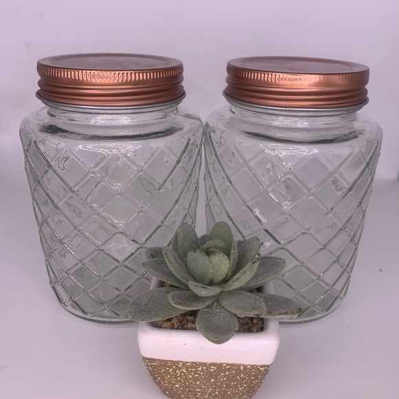 NWT Set/2 Diamond Design Copper Lid Clear Glass Storage or Craft Jars - Picture 5 of 5